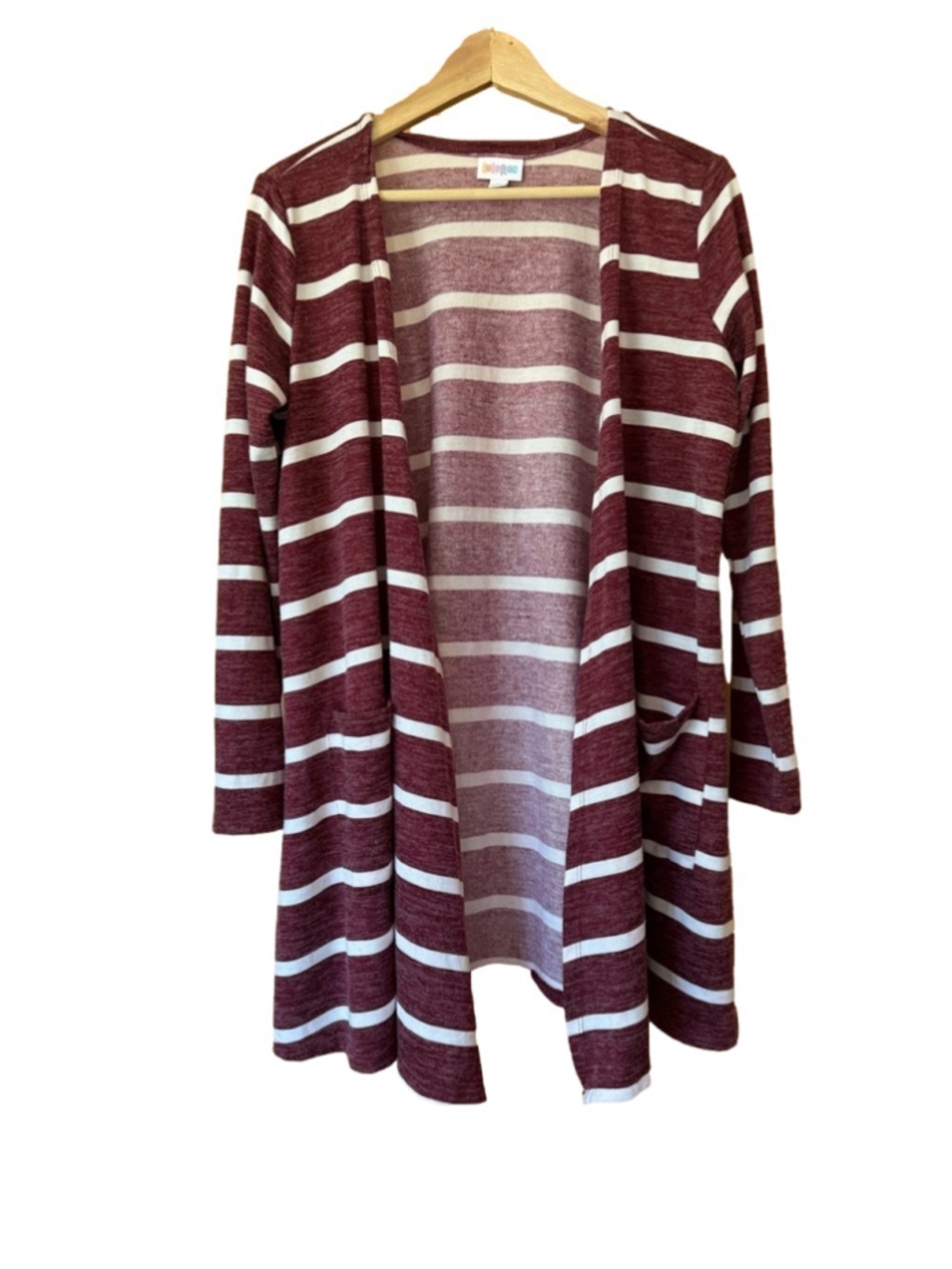 LuLaRoe Open-Front Cardigan Sweater in Burgundy/White Stripes size medium